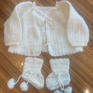 White Crochet Vintage Baby Cardigan and Booties Set with diaper cover